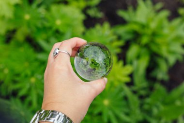 Topu elinde yeşil çim yansıması ile lens