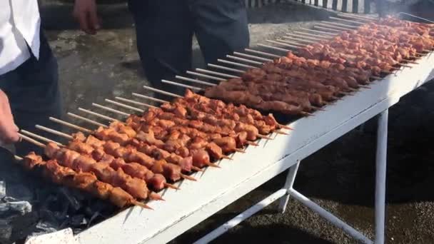 The chef prepares a barbecue. Appetizing delicious fried pieces of meat on skewers are roasted on a large grill outdoor — Stock Video