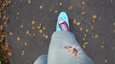 Sonbahar yolda pembe tekerlekler ile mavi plastik kuruş kaykay üzerinde ayaklar.