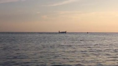 İki adam gün batımı üzerinde denizden su birikintisi sörf tahtası carring.