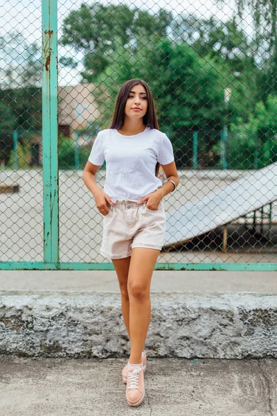 Retrato de uma menina swag de pé ao lado da cerca rabitz — Fotografia de Stock