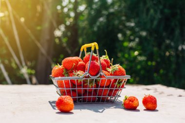 Mini alışveriş sepeti vintage arka plan taze kırmızı olgun çilek dolu