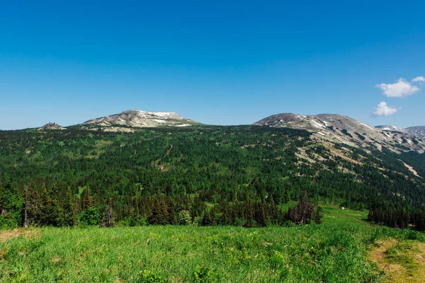 澄んだ青空と地平線上の雪と山と夏の山の風景. — ストック写真