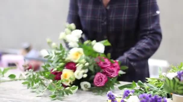 Floristería femenina Arreglando flores en la tienda de flores — Vídeo de stock