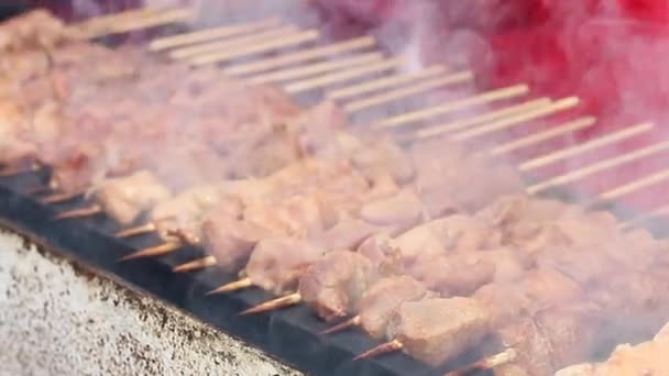 El chef prepara una barbacoa. Deliciosos trozos de carne frita en brochetas se tuestan en una gran parrilla al aire libre — Vídeos de Stock