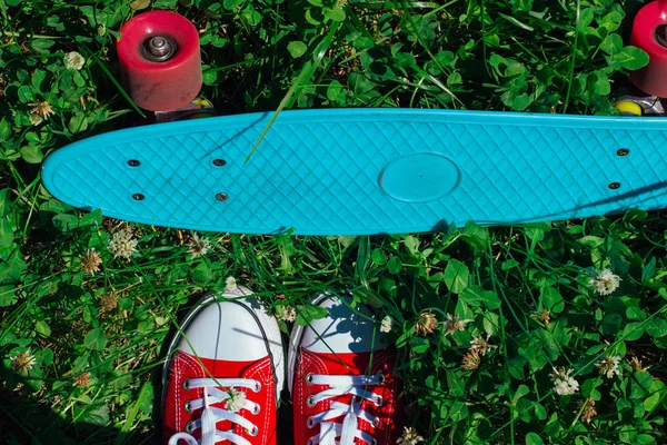 Gros plan des pieds et de la planche à roulettes bleue avec des roues roses sur un champ de trèfle . — Photo