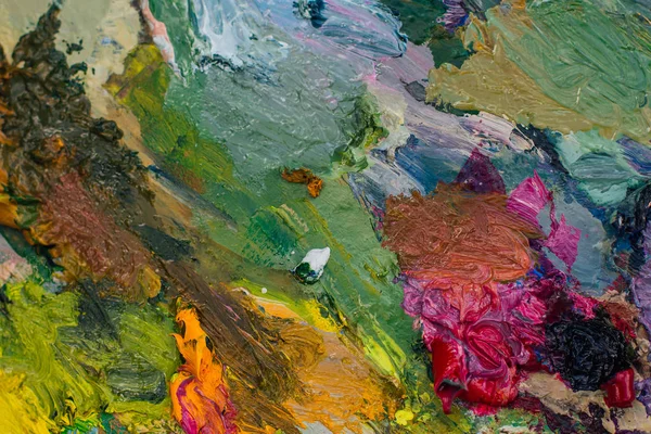 Close up palette with oil paints. Abstract background.