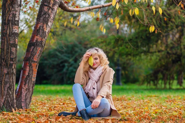 Młoda piękna kobieta siedziała na coverd ziemi z fallen jesieni pozostawia — Zdjęcie stockowe