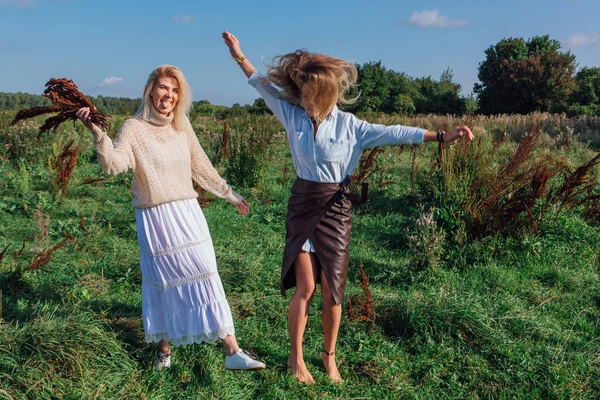 Портрет двух красивых женщин в поле в конце лета. Красивые девушки стоят рядом друг с другом и держат букет из сухих коричневых растений . — стоковое фото