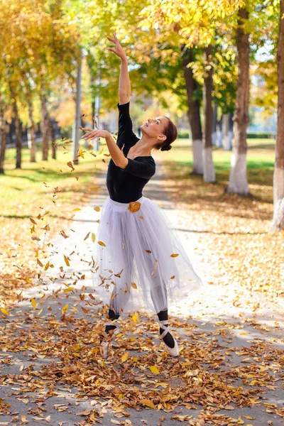 Mulher bailarina em uma saia de balé branco dançando em sapatos pontiagudos em um parque de outono dourado vomitando folhas amarelas secas . Fotografia De Stock