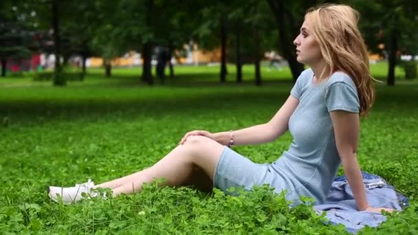 Молодая красивая девочка-подросток, сидящая на траве в парке в облачный день, улыбаясь, расслабляясь концепции, мечтая концепции — стоковое видео