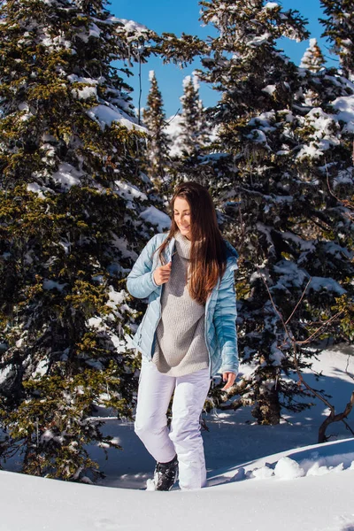 Retrato de una joven hermosa morena con ojos azules y pecas en la cara en invierno nevado paisaje de montaña. Hermosa chica en el invierno al aire libre . — Foto de Stock