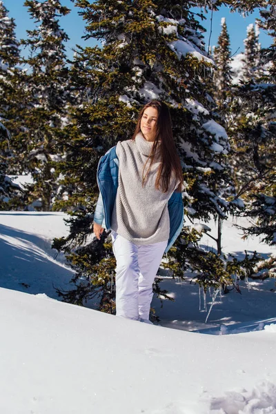 Portrait d'une jeune belle femme brune aux yeux bleus et aux taches de rousseur sur le visage en hiver paysage de montagne enneigé. Belle fille en hiver à l'extérieur . — Photo