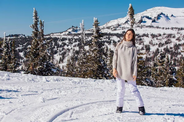 Portrait d'une jeune belle femme brune aux yeux bleus et aux taches de rousseur sur le visage en hiver paysage de montagne enneigé. Belle fille en hiver à l'extérieur . — Photo