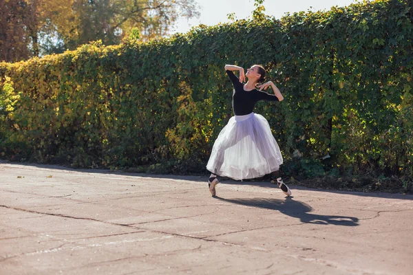 Vrouwelijke Ballerina Een Witte Balletrok Dansend Puntschoenen Een Gouden Herfstpark — Stockfoto