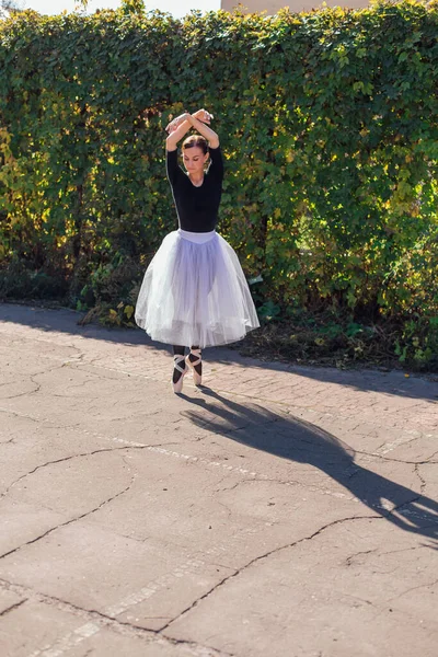 Woman ballerina in a white ballet skirt dancing in pointe shoes in autumn park.