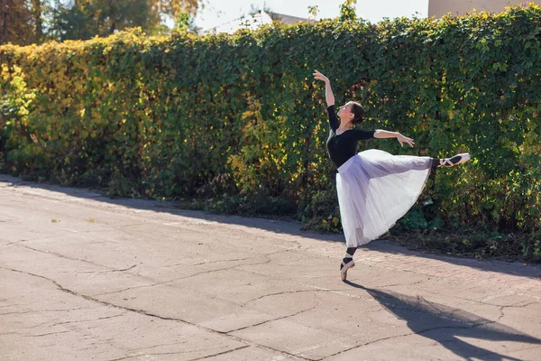 Vrouwelijke Ballerina Een Witte Balletrok Dansend Puntschoenen Een Gouden Herfstpark — Stockfoto