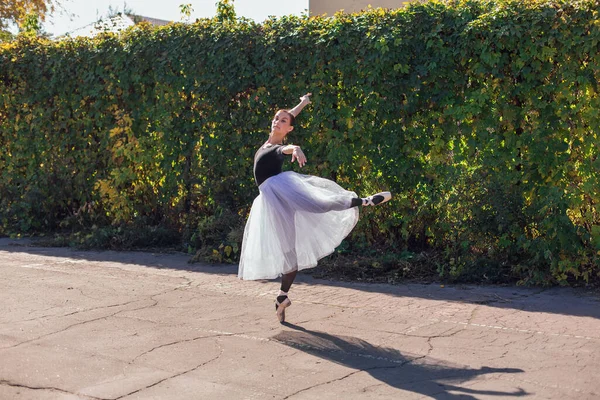 Vrouwelijke Ballerina Een Witte Balletrok Dansend Puntschoenen Een Gouden Herfstpark — Stockfoto