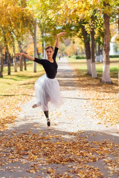 Woman ballerina in a white ballet skirt dancing in pointe shoes in a golden autumn park. Ballerina standing in beautiful ballet pose on dry yellow leaves