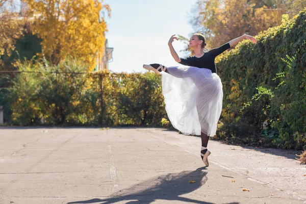 Vrouwelijke Ballerina Een Witte Balletrok Dansend Puntschoenen Een Gouden Herfstpark — Stockfoto