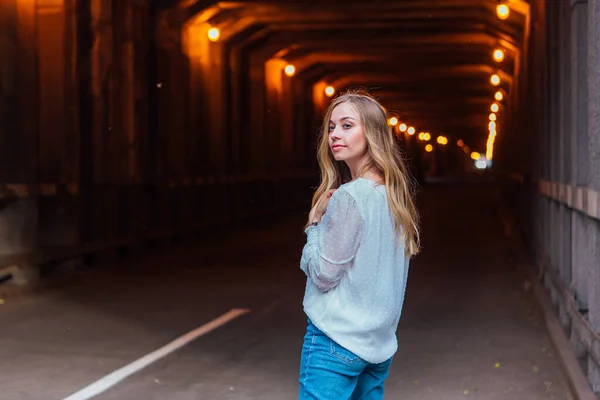 Young Girl Long Blond Hair Standing Dark Industrial Tunnel Lights — Stock Photo, Image