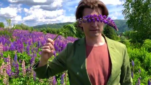 Высокий красивый мужчина, стоящий на лупинском цветочном поле с закрытыми глазами от цветка люпина — стоковое видео