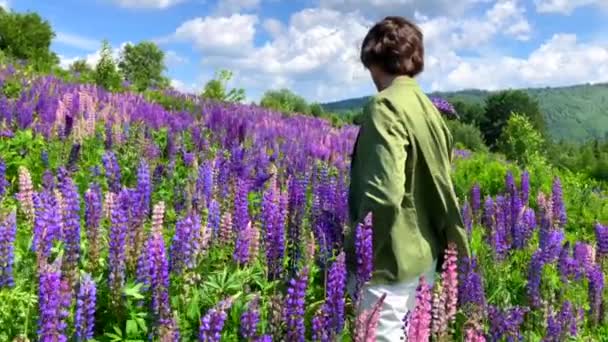 Tall handsome man standing on lupine flowers field turnes around and smiling — Stock Video