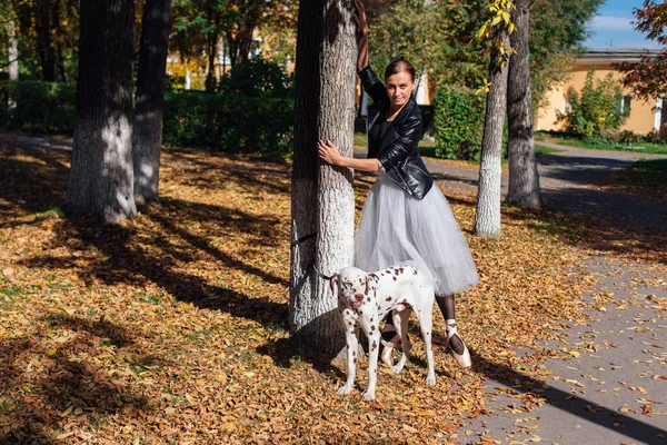 Bailarina Con Perro Dálmata Parque Dorado Otoño Bailarina Mujer Falda — Foto de Stock