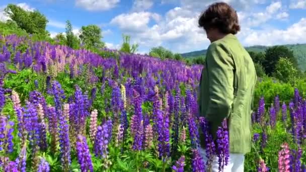 Lange knappe man op lupine bloemen veld draait zich om en glimlacht — Stockvideo