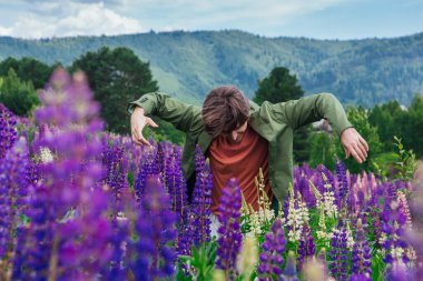 Yeşil ceketli uzun boylu yakışıklı bir adam lupin çiçeği tarlasında duruyor, doğanın güzelliğini emrediyor. Mor ve pembe lupinlerle çevrili bir adam..