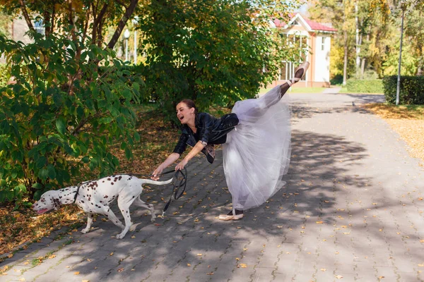 Ballerina with Dalmatian dog in the golden autumn park. Woman ballerina in a white ballet skirt and black leather jacket posing in pointe shoes in autumn park with her spotty dalmatian dog.