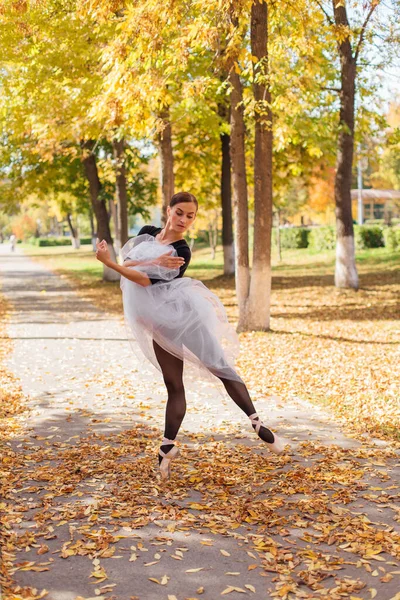 Ballerina Donna Gonna Bianca Ballerina Scarpe Punta Parco Autunnale Dorato — Foto Stock