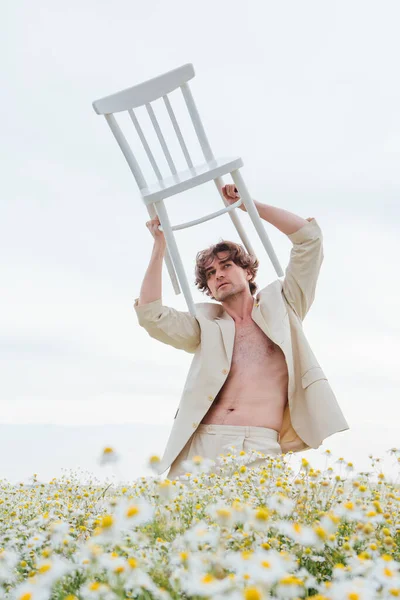 背の高いハンサムな男は白いスーツを着て カモミールの花のフィールドの真ん中に立って 彼の頭の上に白い椅子を保持 — ストック写真