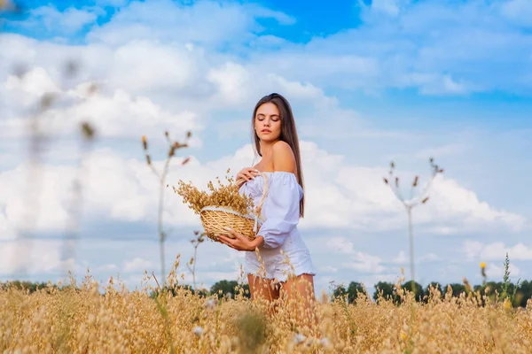 Kırsal Kır Sahnesi Altın Yulaf Tarlasında Beyaz Giysili Uzun Saçlı — Stok fotoğraf