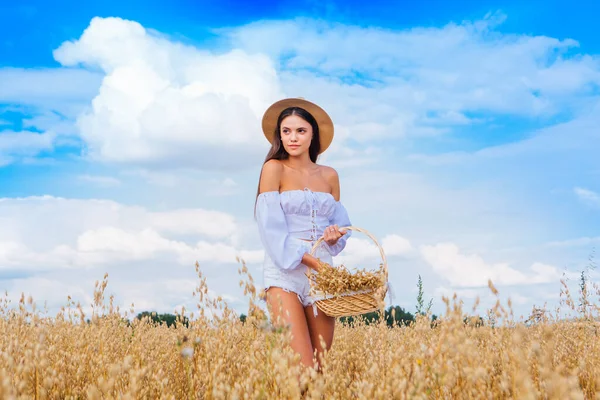 Kırsal Kır Sahnesi Uzun Saçlı Beyaz Bluz Hasır Şapkalı Genç — Stok fotoğraf