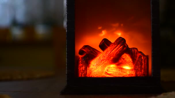 Detail of LED bio fireplace in the dark room — Stock Video