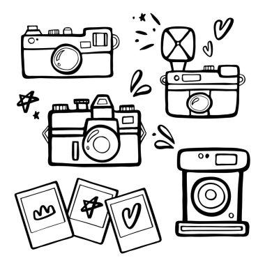 Handdrawn retro fotoğraf kameralar illustrutions kümesi. Vintage Fotoğraf kamera simgeler