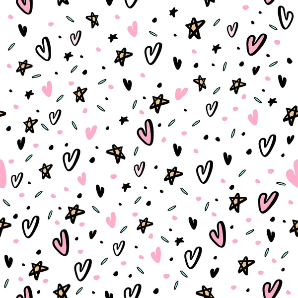 Hand Drawn Seamless Pattern Hearts Stars — Stock Vector