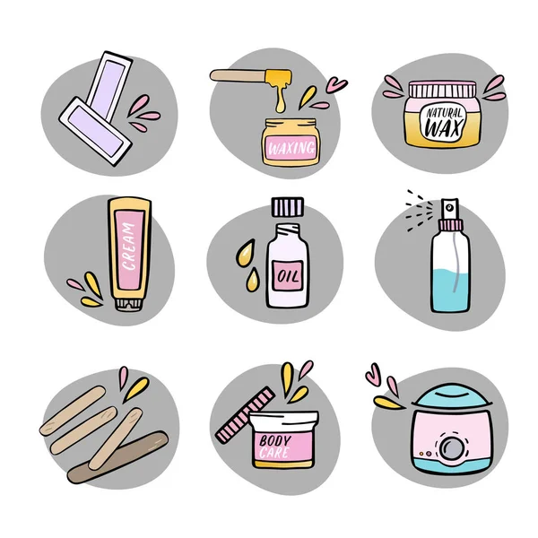 Conjunto de ícones de depilação desenhados à mão. Kit de cera — Vetor de Stock