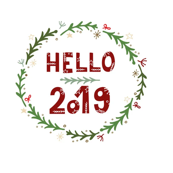 Hallo 2019 wenskaart met hand letters op witte achtergrond — Stockvector