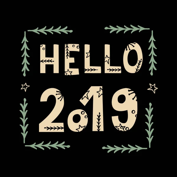 Merhaba 2019 tebrik kartı siyah arka plan üzerine el yazı ile — Stok Vektör