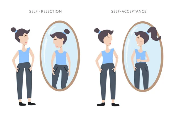 Illustration os själv avvisande och self acceptans. Ung kvinna tittar på hennes reflektion i spegeln — Stock vektor