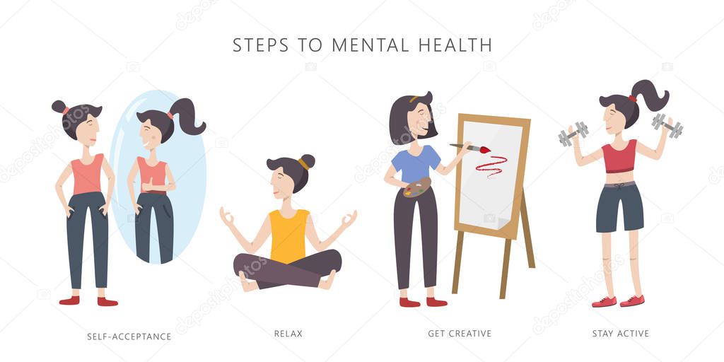 Mental health care vector illustration. Steps to mental health. Set of infographic elements