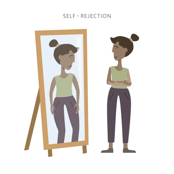 自我排斥的矢量例证 忧郁的年轻女子看着她在镜子中的倒影感到失望 — 图库矢量图片
