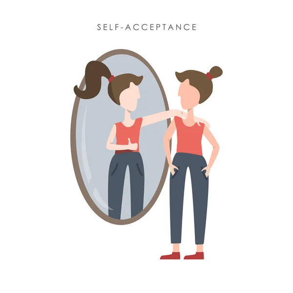 Vektorillustration der Selbstakzeptanz. junge Frau beobachtet ihr Spiegelbild im Spiegel — Stockvektor