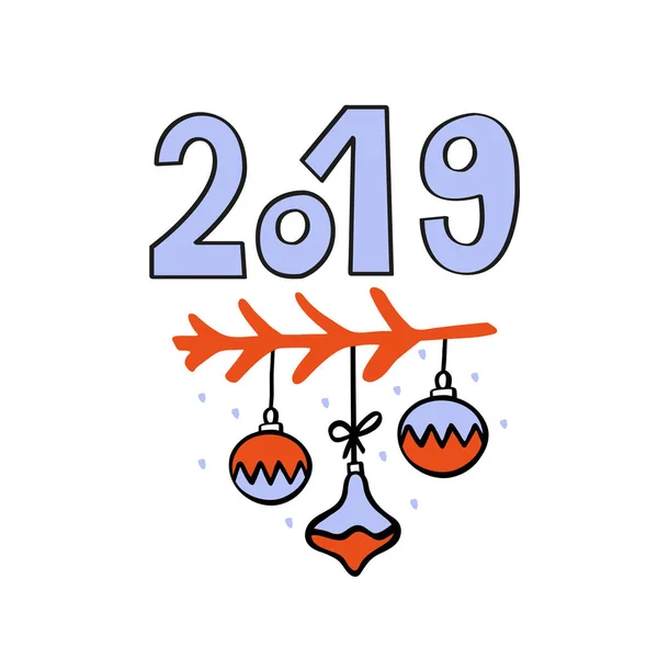 Ciao 2019 biglietto di auguri con palline di Natale disegnate a mano appese al ramoscello — Vettoriale Stock