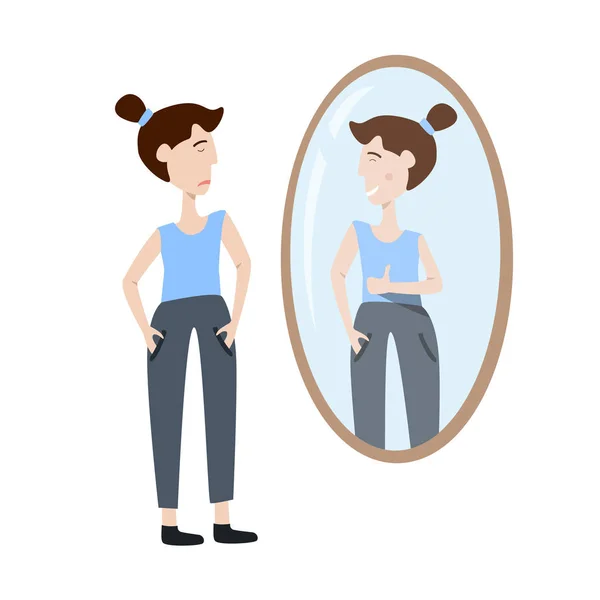 Векторная иллюстрация самовосприятия. Молодая женщина смотрит на свое отражение в зеркале — стоковый вектор
