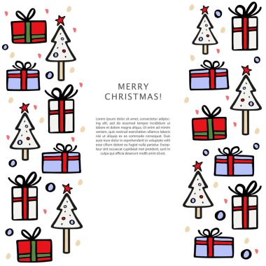 Noel başlık sayfası şablonuyla Noel ağacı ve hediyeler etrafında. Çizilmiş vektör çizim el.