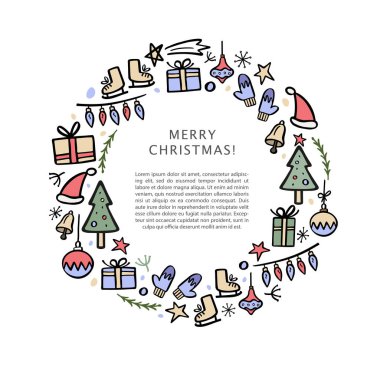 Yılbaşı banner şablon Noel dekoratif elemanları ile. Çizilmiş vektör çizim el.