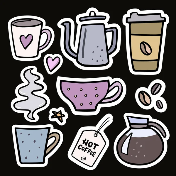 Kaffee große Set handgezeichnete Aufkleber. Vektor-Illustration von Kaffeetasse, Kaffeekanne — Stockvektor